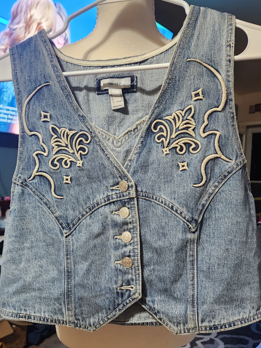 Forever 21 Light Blue Denim Embroidered Western Vest